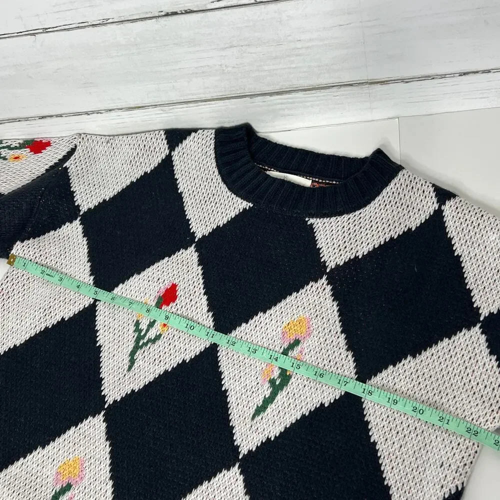 Klesis Argyle Floral Knit Sweater Navy White Diamond Pattern Pullover Small